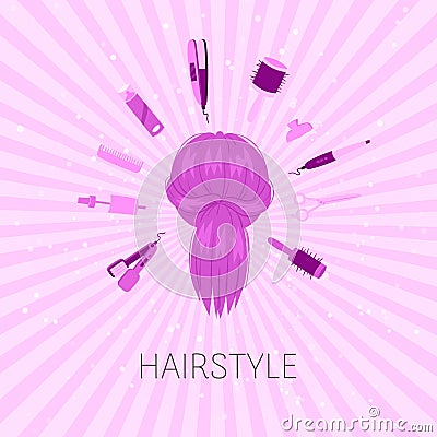 Hairstyle salon, beauty studio background, hair tools, fan, brushes and shampoo vector illustration. Vector Illustration