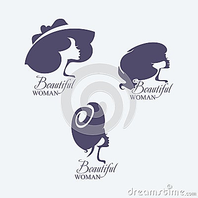 Hairstyle. Set of three silhouettes of female vector heads. Woman in a wide brimmed hat. Fashionable. Stock Photo