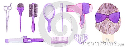 Hairstyling set. Hand-drawn tools. Real watercolor drawing. Vector illustration. Vector Illustration