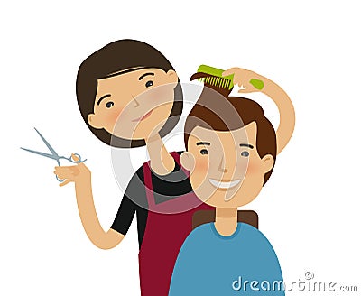 Hairstylist cutting hair. Men`s hairstyle, beauty saloon concept. Funny cartoon vector illustration Vector Illustration