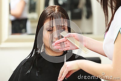 Hairstylist cutting hair woman client in hairdressing beauty salon Stock Photo