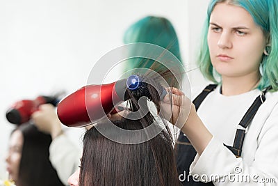 Hairstylist drying brunette hair with red hair dryer, blue hairbrush in beauty salon Stock Photo