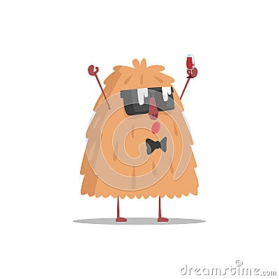 Hairy Monster In Dark Glasses Holding Glass Of Wine Partying Hard As A Guest At Glamorous Posh Party Vector Illustration Vector Illustration