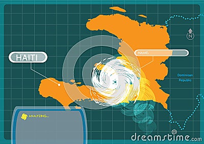 Haiti with a Hurricane making a landfall at capital Port-au-prince . Editable Clip Art. Vector Illustration