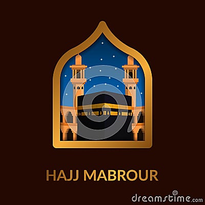 Hajj mubarak islamic event pilgrimage. kaaba islamic mosque site at makkah view from window and golden frame Vector Illustration
