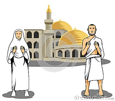 Hajj pilgrim praying in front of mosque Vector Illustration