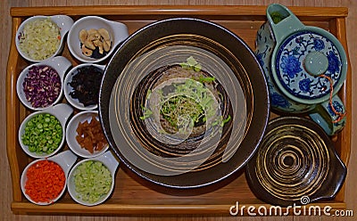 Hakka Tea Rice (Lei Cha) served on wooden tray Stock Photo