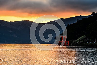 Hakone torii gate during sunset Stock Photo