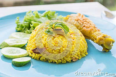 Halal food, Chicken Biryani with green chutney Stock Photo