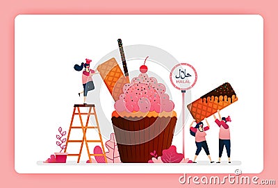 Halal food menu illustration of sweet strawberry cupcake. Muffin with snack waffle, chocolate stick and wafer. Design can use For Vector Illustration