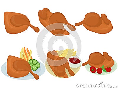 Halbes Hendl a traditional dish for the oktoberfest menu, fried half chicken with various side dishes and vegetables Vector Illustration