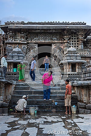 Cleaning steps of Mandapam at Hoysaleswara Temple, Halebidu, Karnatake, India Editorial Stock Photo