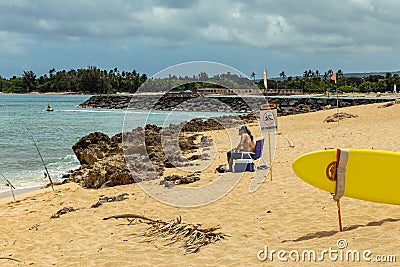 Local hawaiian man fishing on the beach on North shore of Oahu Editorial Stock Photo