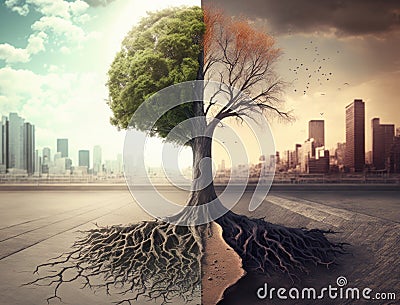 Half alive and half dead tree standing at the crossroad against the backdrop of a big city. AI generative Stock Photo