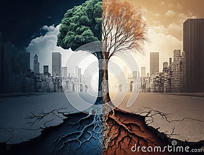 Half alive and half dead tree standing at the crossroad against the backdrop of a big city. AI generative Stock Photo