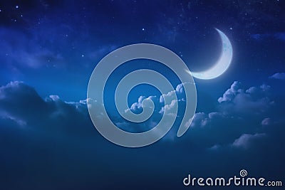 Half blue moon behind cloudy on sky and star at night. Outdoors Stock Photo