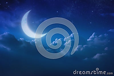 Half blue moon behind cloudy on sky and star at night. Outdoors Stock Photo