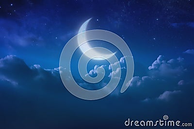 Half blue moon behind cloudy on sky and star at night. Outdoors Stock Photo