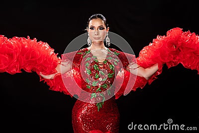 Woman in Cabaret Carnival Fancy Dress Gown with glitter, luxury decoration Stock Photo