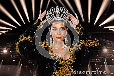 Woman in Cabaret Carnival Fancy Dress Gown with glitter, luxury decoration Stock Photo