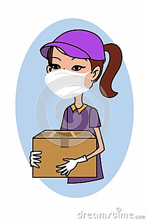 Half body woman worker cargo and carring the box for service, taking face mask for healthy Stock Photo