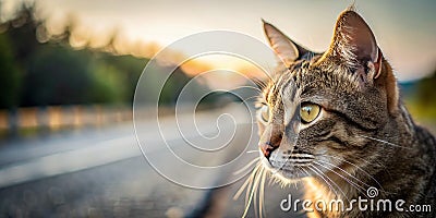 half of cats head on road background Creative AI Stock Photo