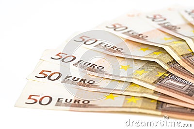 Half circle made with banknotes 50 euro european money on white background Stock Photo