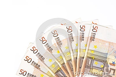 Half circle made with banknotes 50 euro european money on white background Stock Photo