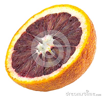 Half cutted sicilian bloody orange fruit isolated on white background. A piece of italian orange Stock Photo