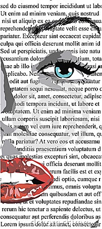 Half Face of girl with red lips on white newspaper like mere lin monroe. clip art of a beautiful woman with red lips like mere-lin Stock Photo