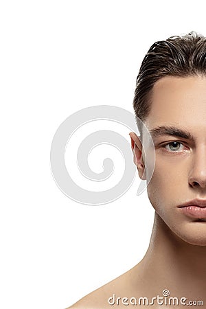 Portrait of young man isolated on white studio background. Caucasian attractive male model. Concept of fashion and Stock Photo