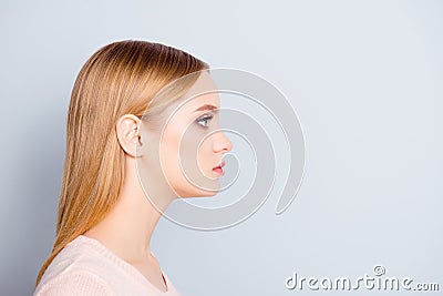 Half-faced profile side view close up portrait of serious confident focused concentrated thinking pondering pretty cute lovely ma Stock Photo