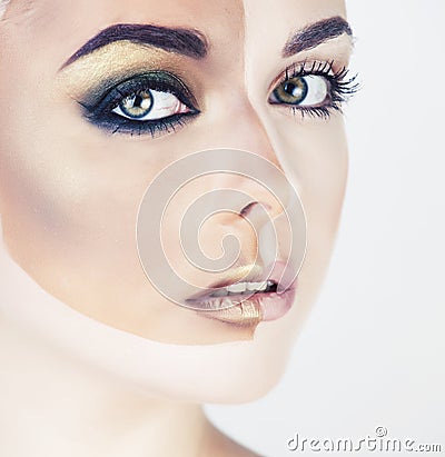 half faced woman with creative makeup like before sunbathe and after isolated on white Stock Photo