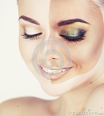 Half faced woman before tanning and after close up isolated on w Stock Photo