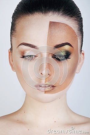 Half faced woman before tanning and after, Stock Photo