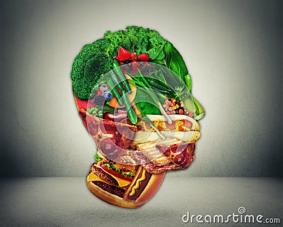 Half fast food and vegetables shaped face as a symbol of diet change from junk to a healthy raw vegetarian produce Stock Photo