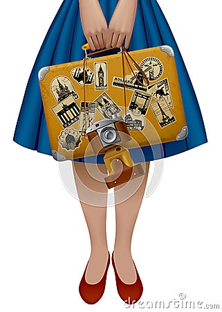 Half of the female figure holding a retro suitcase with stickers Vector Illustration