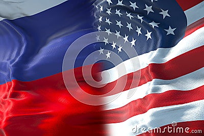 half flags of united states of america and half russa flag, crisis between usa american and russian federation international meet Stock Photo