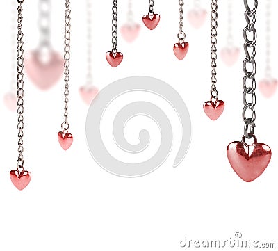 Half frame from red hearts and long chains on white Stock Photo