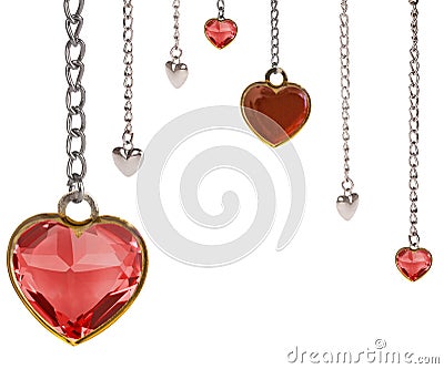 half frame from red ruby and steel hearts with long chains Stock Photo