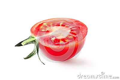 Half of fresh, red tomato with green leaves isolated on white background. Clipping path Stock Photo