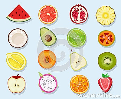 Half fruits circle icons. Cute cartoon healthy vegan natural products plants food orange lemon apple vector clipart set Vector Illustration