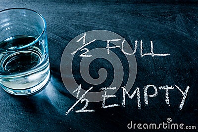 Half-full or half-empty glass of water, with text written on a blackboard, showing optimism or pessimism, concept Stock Photo