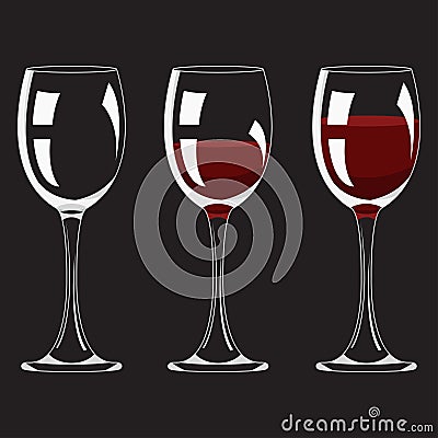 Half and Full Glass and with Red Wine Set Realistic Empty Alcohol Drink. Vector Vector Illustration