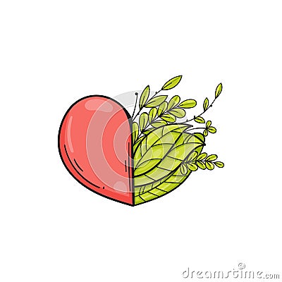 Half of heart with green leaves. Symbol of love and life, ecology. Vector in doodle style. Template for Valentine day. Vector Illustration