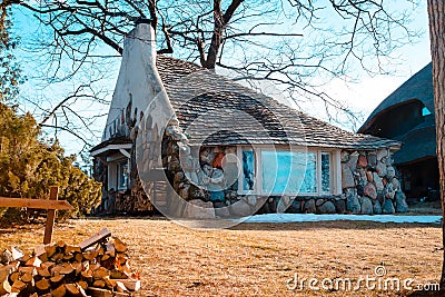 Charlevoix, MI /USA - March 3rd 2018: The Half House an Earl Young Mushroom House in Charlevoix Michigan Editorial Stock Photo