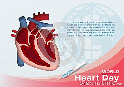 A half and inside image of human heart in paper cut style with the name of event and example texts on global and white paper Vector Illustration