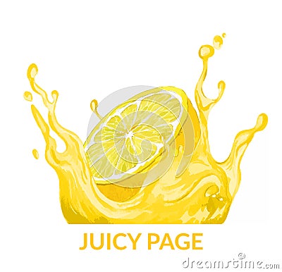 Half of lemon falling in the yellow juice splash Vector Illustration