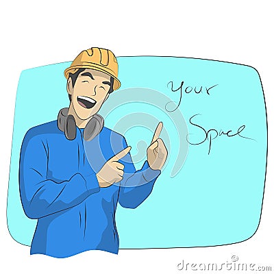 half length of smiling repairman with hard hat pointing on blank space illustration vector hand drawn isolated on white background Vector Illustration