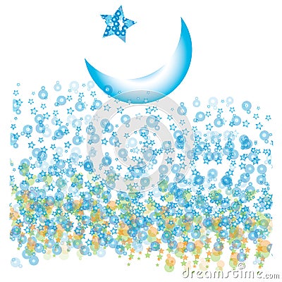 Half moon with blue bubbles and stars Stock Photo